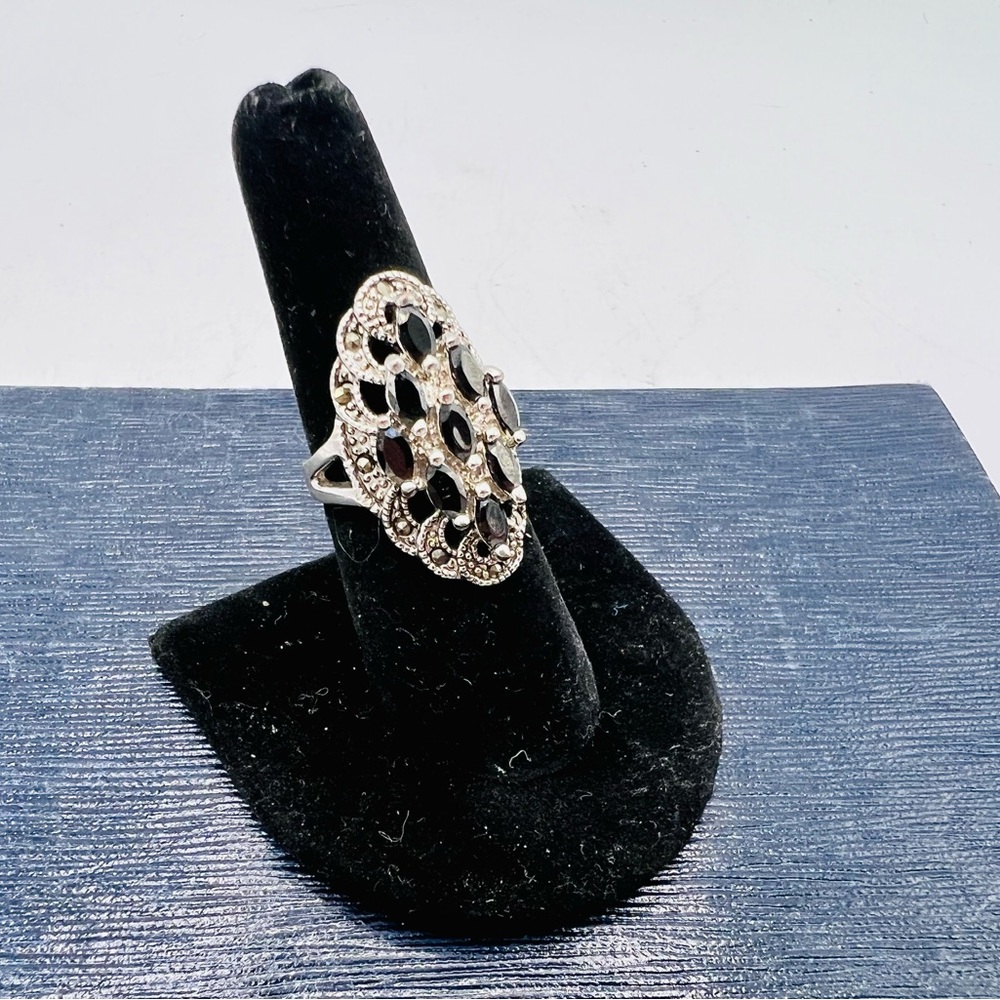 Sterling silver lattice cocktail ring black navette rhinestones size 7 - Picture 6 of 15